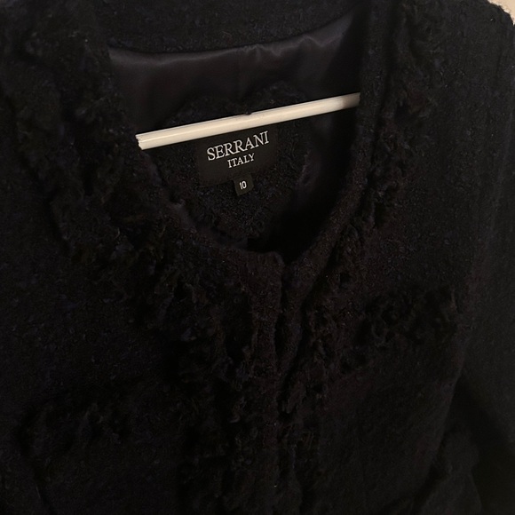 Chanel-Style Serrani Italy Navy Blue Ruffled Boucle Jacket, size 10 - Picture 5 of 12